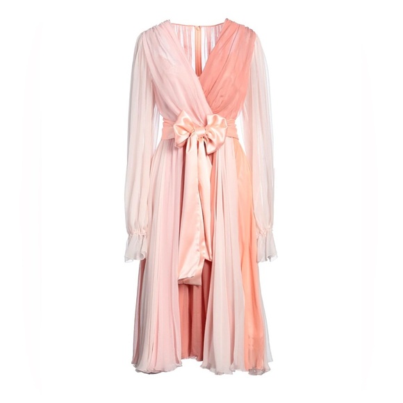 Dolce & Gabbana Two-tone Pleated Wrap Dress Pink Bow Midi Cocktail Puff Sleeve 6 - Picture 8 of 12